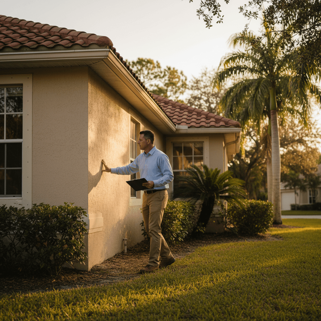 Property inspector conducting exterior home inspection