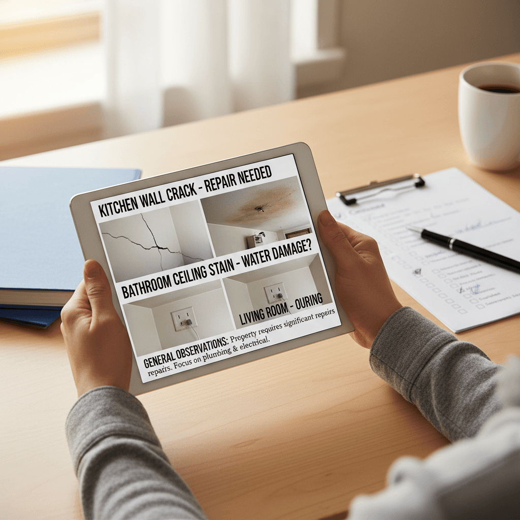 Property inspection report displayed on tablet with photos and notes