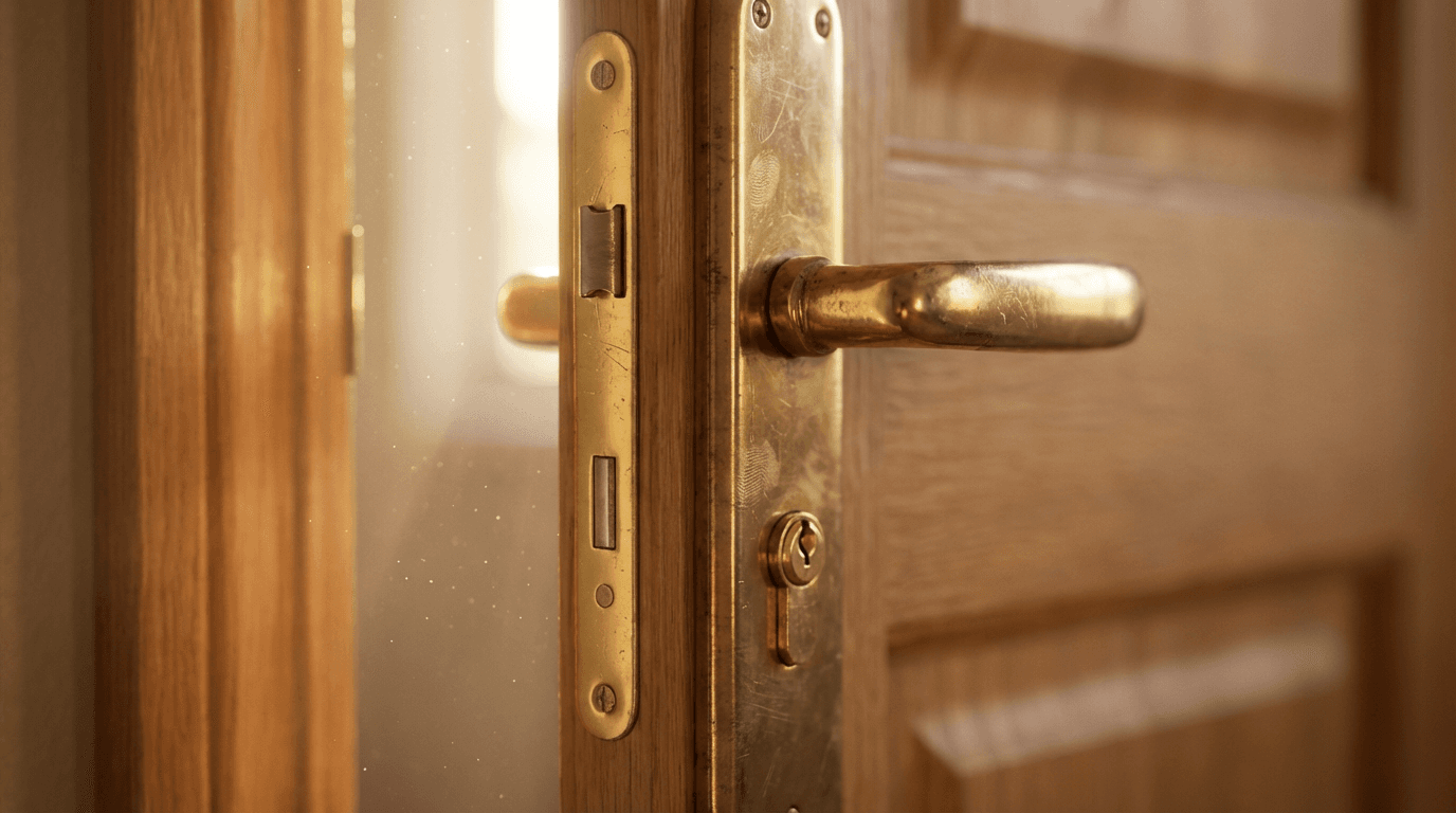Property inspector carefully examining residential door lock and frame